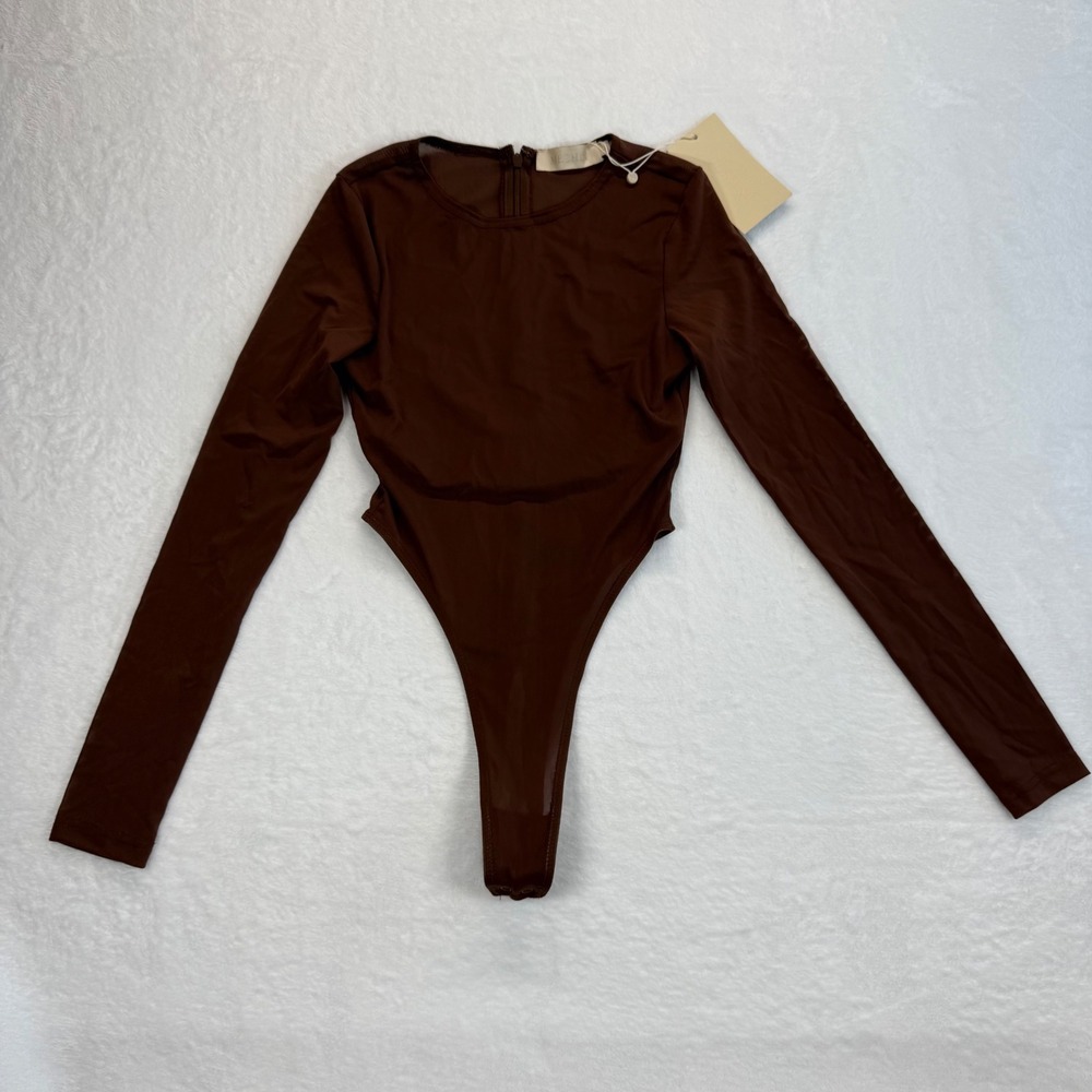 Meshki Blaire Bodysuit Mesh Long Sleeve Chocolate Brown XS